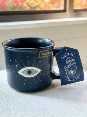 Stay Wild Moon Child Evil Eye Coffee Mug Navy Blue Ceramic Hand Painted Gift NWT